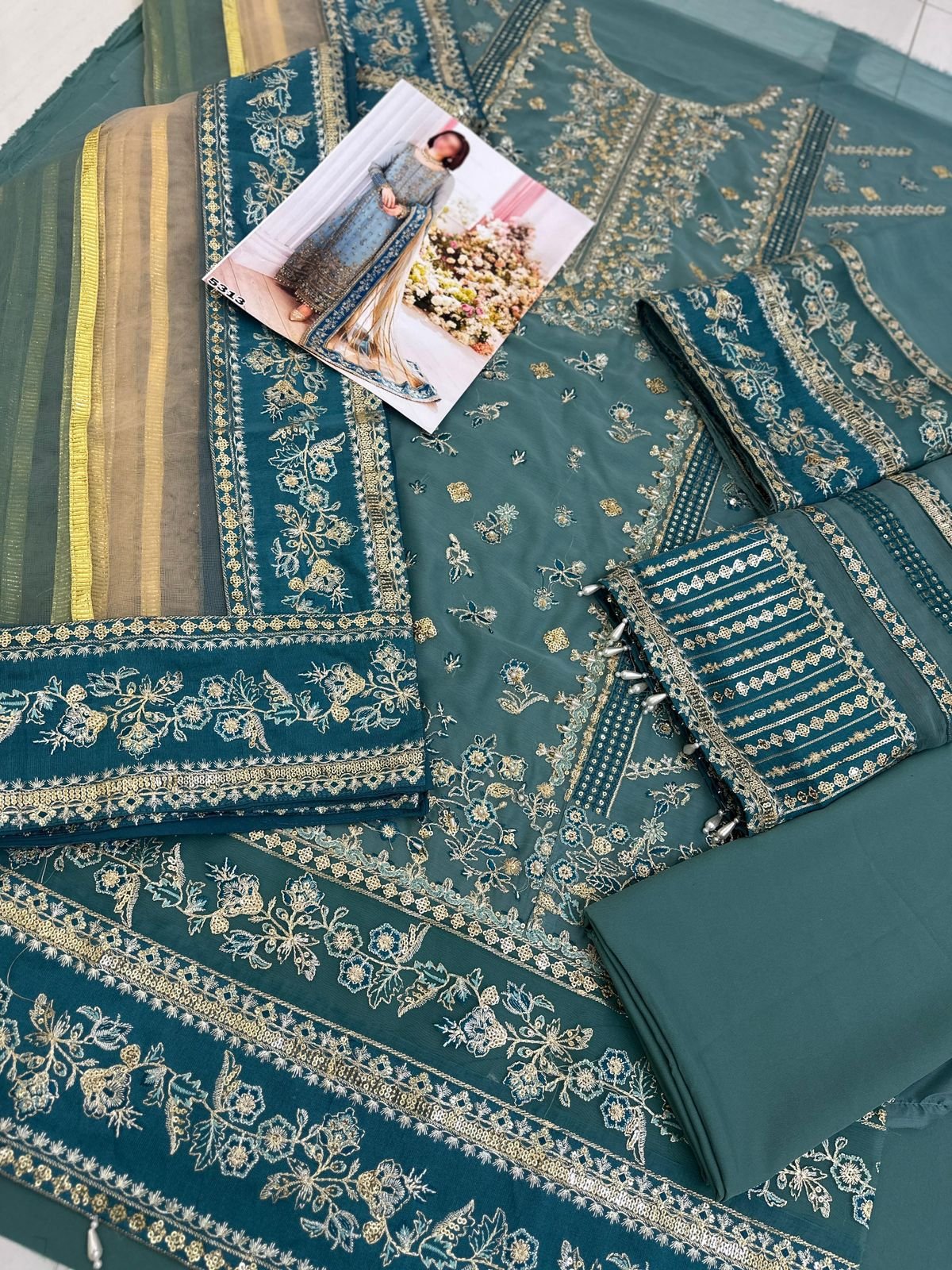 Charizma Chiffon & Net 3 Piece Embroidered Luxury Suit with Adda Work - Image 11