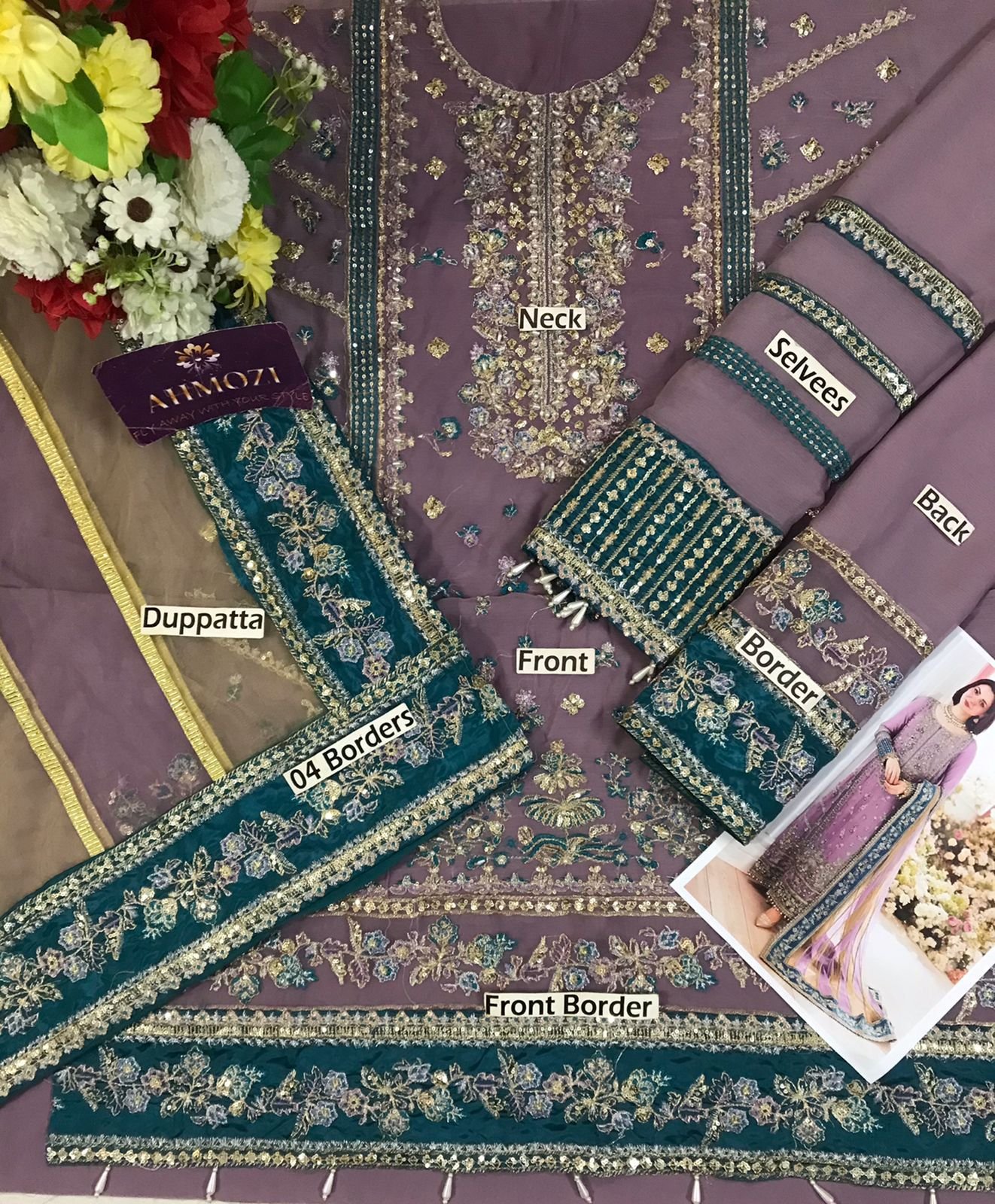 Charizma Chiffon & Net 3 Piece Embroidered Luxury Suit with Adda Work - Image 6